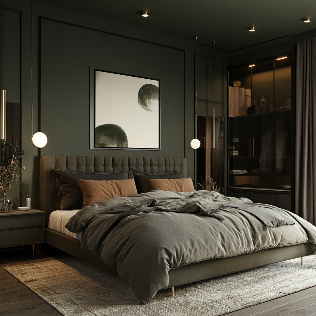 Nowoczesna sypialnia w odcieniach zieleni z łóżkiem kontynentalnym, obrazem na ścianie i przeszkloną szafą w tle.