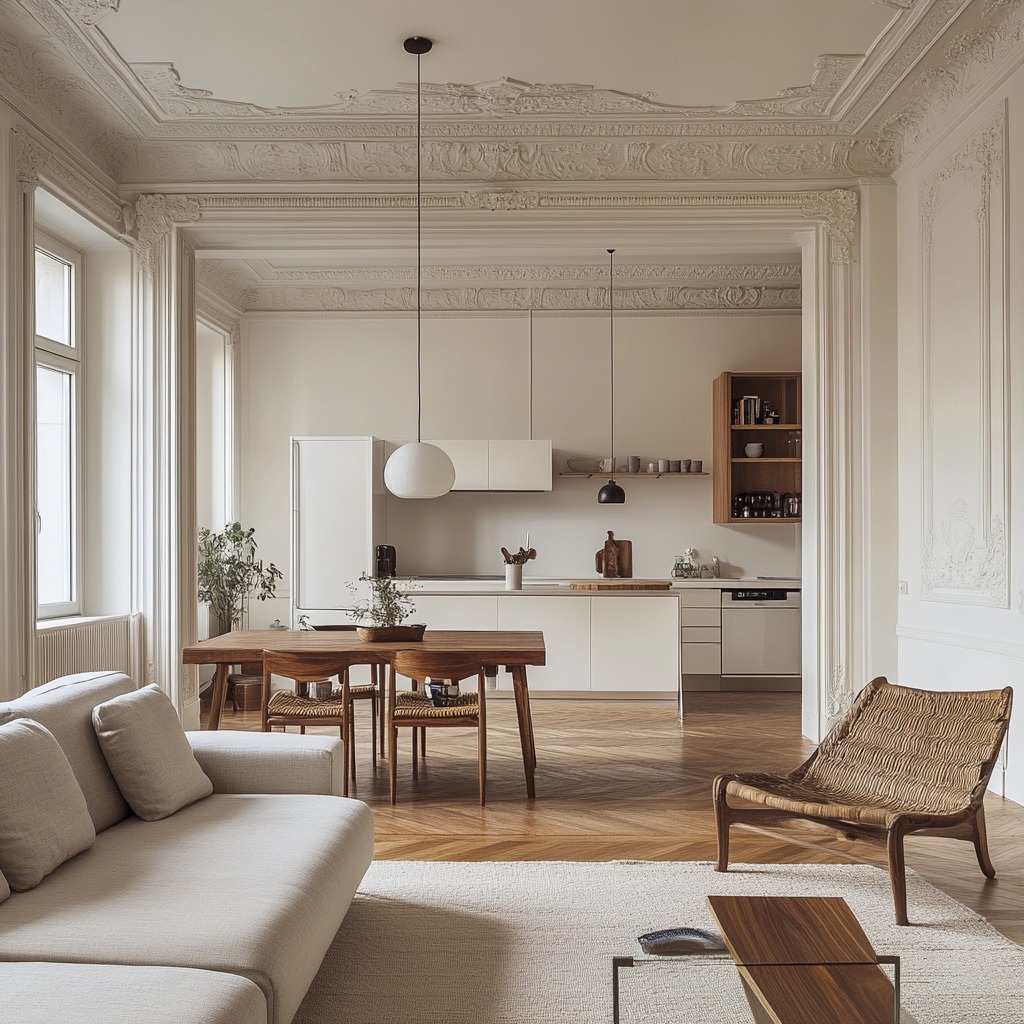 Jasne wnętrze mieszkania w stylu minimalistycznym z drewnianą podłogą w jodełkę, białymi ścianami z dekoracyjnymi sztukateriami, drewnianym stołem jadalnianym, krzesłami z plecionki i nowoczesną...