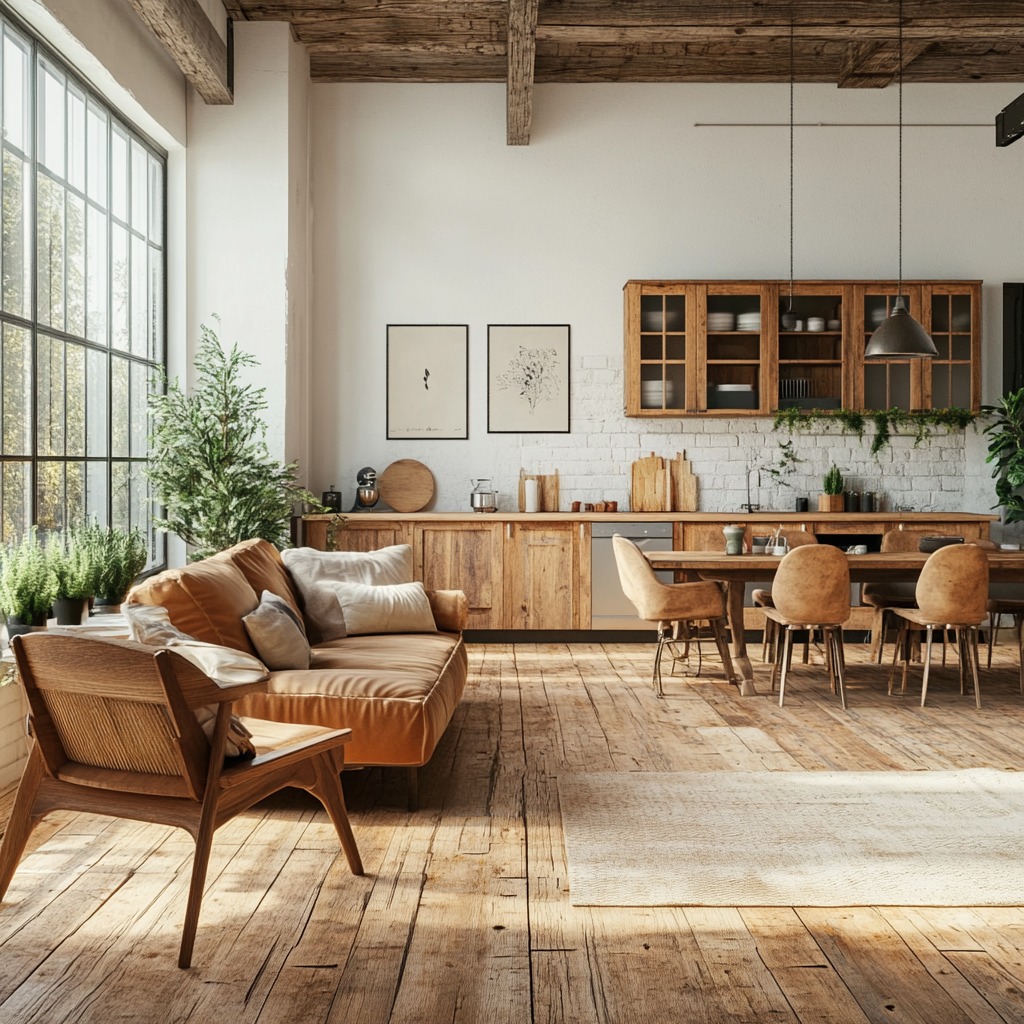 Jasne wnętrze w stylu rustykalnym: drewniana podłoga, sofa z brązowej skóry, stół jadalny z krzesłami, kuchnia z drewnianymi szafkami i białymi cegłami, duże okno z widokiem na zieleń, rośliny...