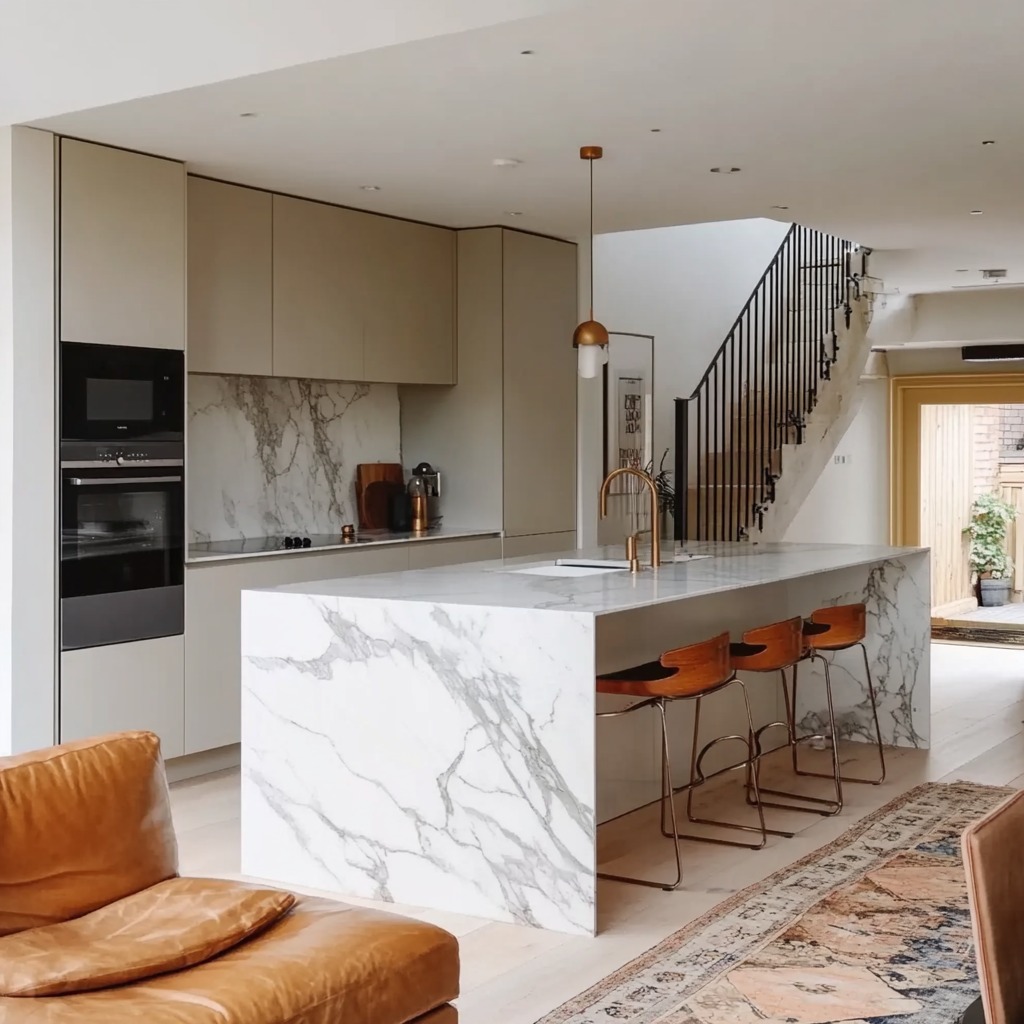 Nowoczesna kuchnia z marmurowym blatem wyspowym, drewnianymi krzesłami barowymi i beżowymi szafkami, widok na schody z czarną balustradą.