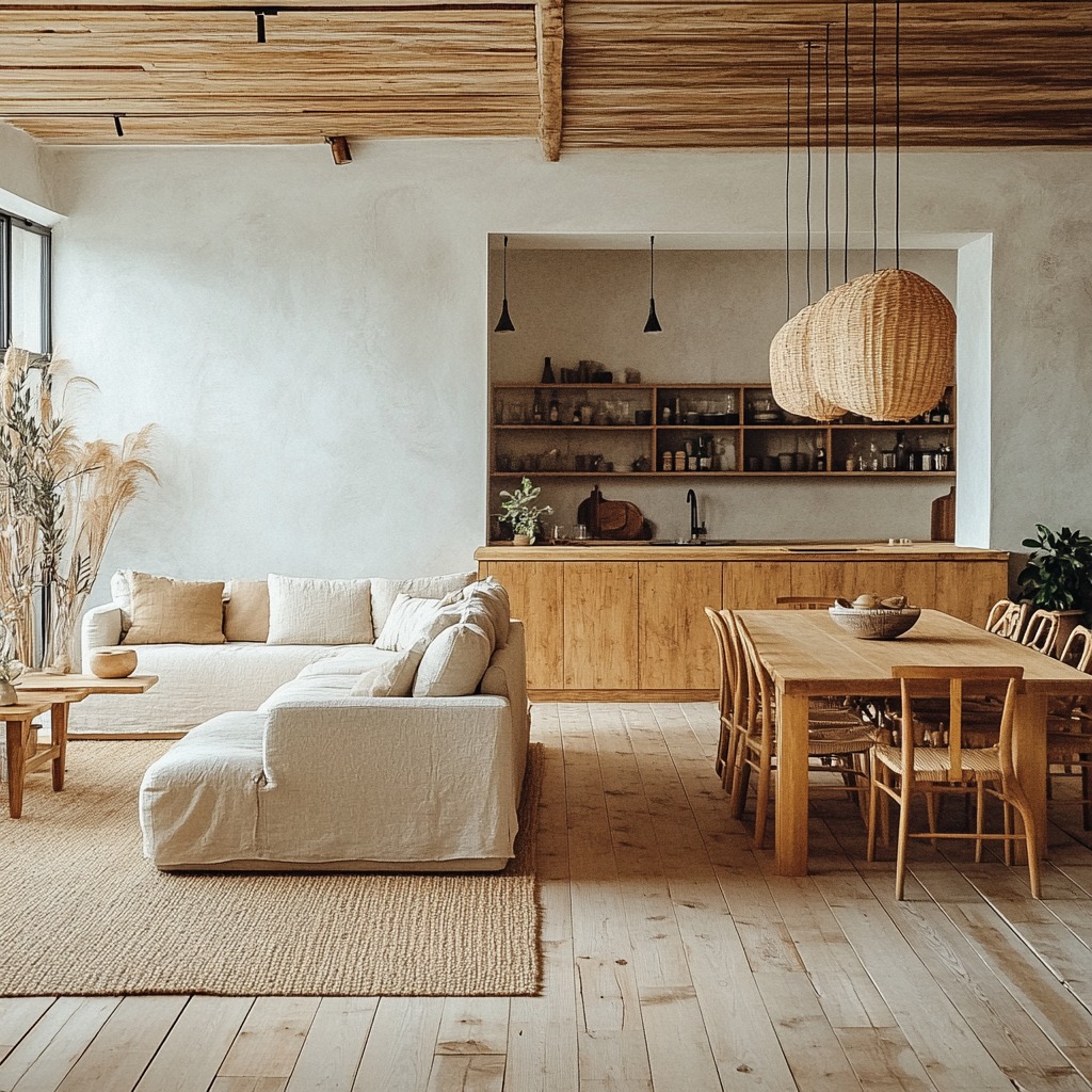 Jasne, przestronne wnętrze domu w stylu boho z drewnianą podłogą, beżową sofą narożną, stołem z krzesłami z rattanu i otwartą kuchnią z drewnianymi szafkami i półkami, oświetlone wiszącymi lampami...