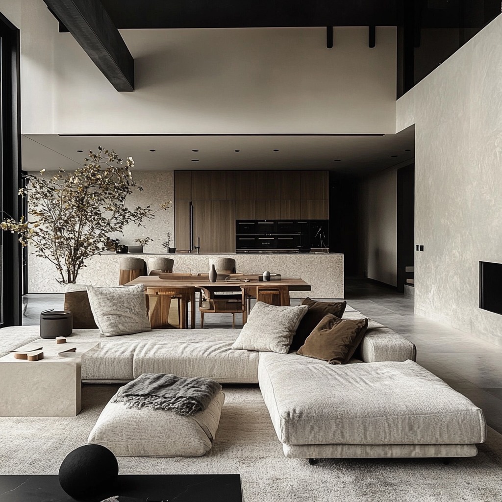 Jasny salon z modułową sofą, drewnianym stołem jadalnym i otwartą kuchnią w tle, dekorowany drzewkiem w donicy.