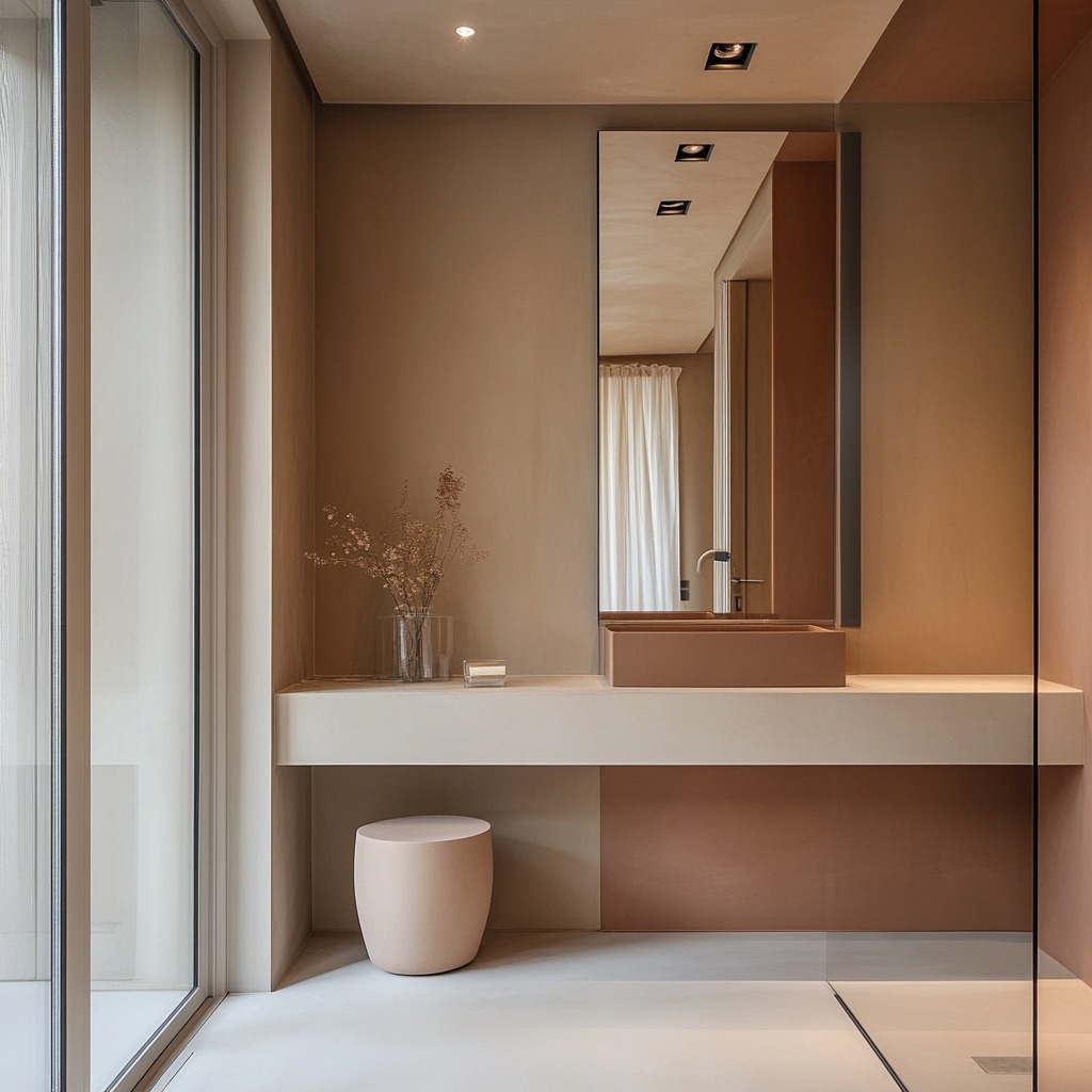 Minimalistyczna łazienka w odcieniach beżu i brązu, z prostokątną umywalką, dużym lustrem, szklaną kabiną prysznicową i dekoracyjnym bukietem suchych traw w wazonie.