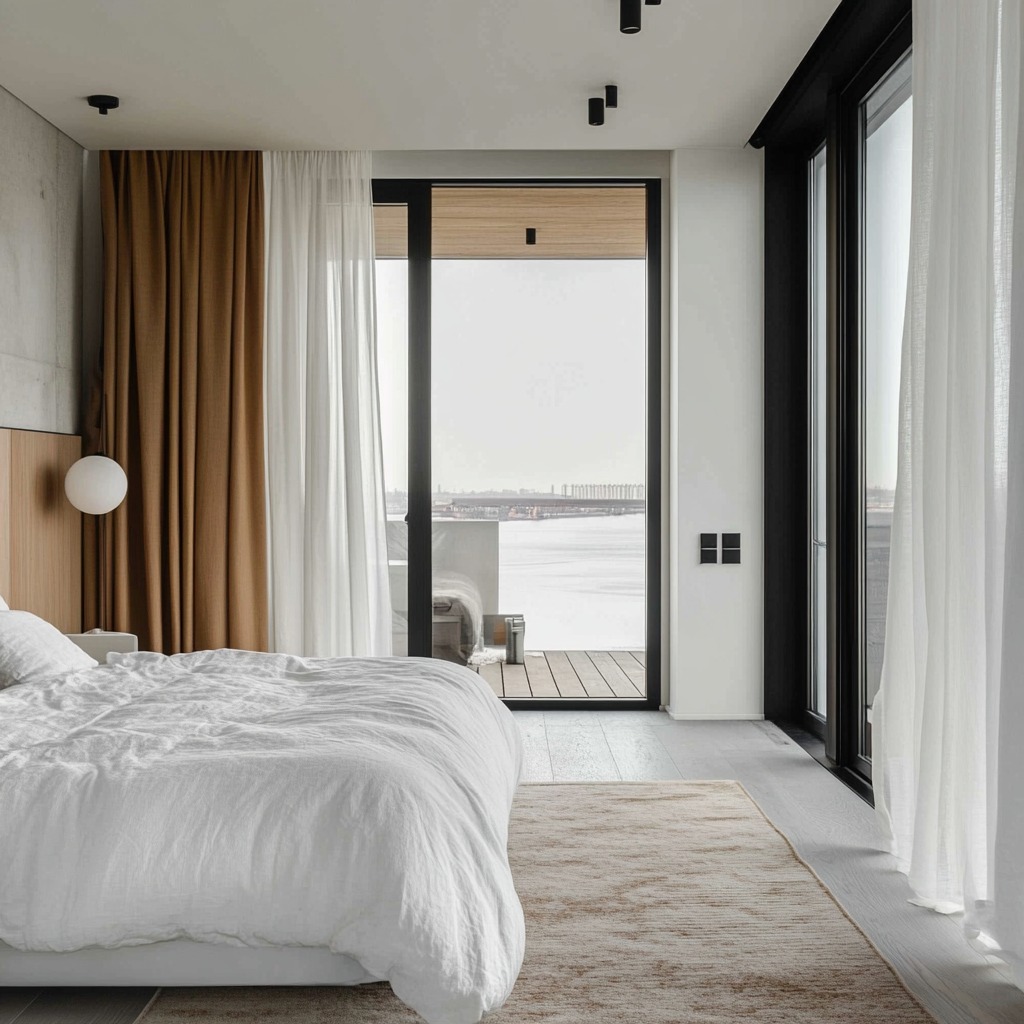 Jasna sypialnia z balkonem, betonowa ściana, drewniane wezgłowie, biała pościel, beżowy dywan i panoramiczne okna z widokiem na rzekę.