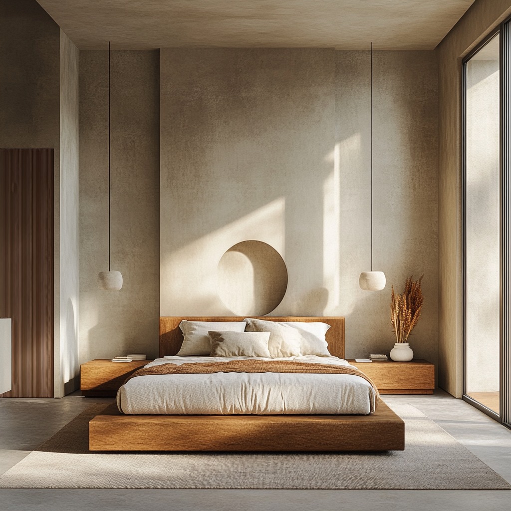 Minimalistyczna sypialnia z drewnianym łóżkiem platformowym, okrągłym wnękiem w ścianie za wezgłowiem, wiszącymi lampami z kamiennymi kloszami i wysokim oknem wpuszczającym naturalne światło.