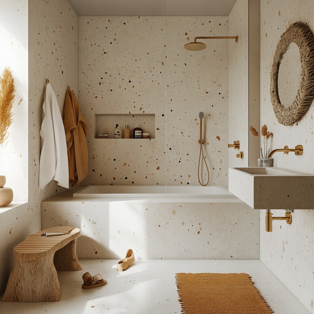 Jasna łazienka z terazzo, drewnianym stołkiem i okrągłym lustrem z rafii, złota armatura, dywanik z frędzlami i beżowe klapki na podłodze.