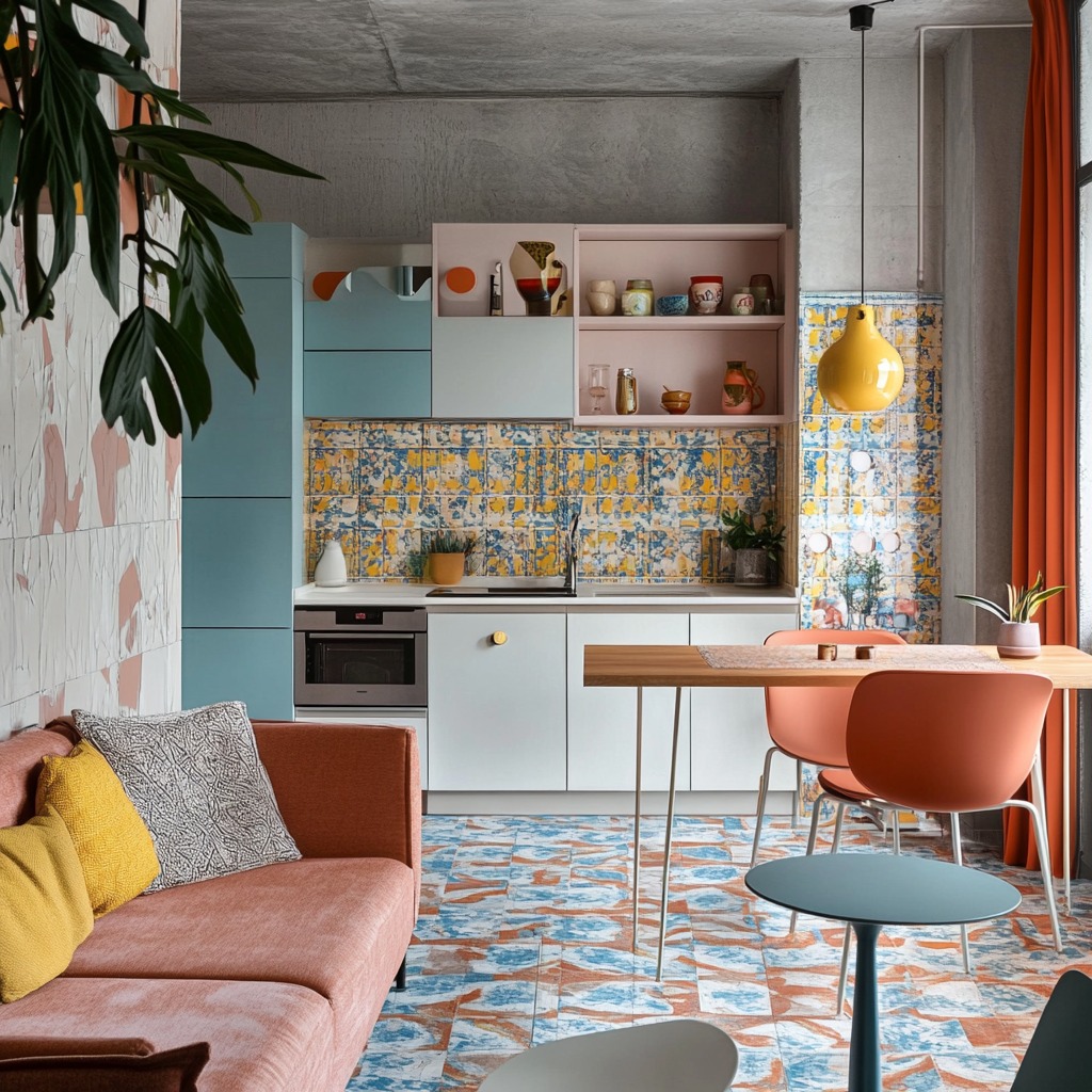 Wnętrze mieszkania z otwartą kuchnią, kolorowe płytki na podłodze i ścianie nad blatem, niebieskie szafki kuchenne, różowa sofa z żółtymi poduszkami, drewniany stół z pomarańczowymi krzesłami...
