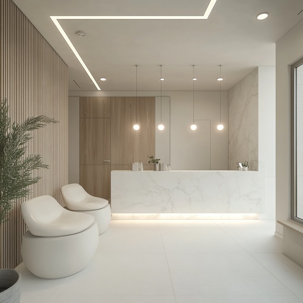 Minimalistyczne wnętrze biurowe z marmurową ladą recepcyjną podświetloną od dołu, wiszącymi lampami kulami, drewnianą ścianą z pionowych paneli i dwoma białymi, nowoczesnymi fotelami.