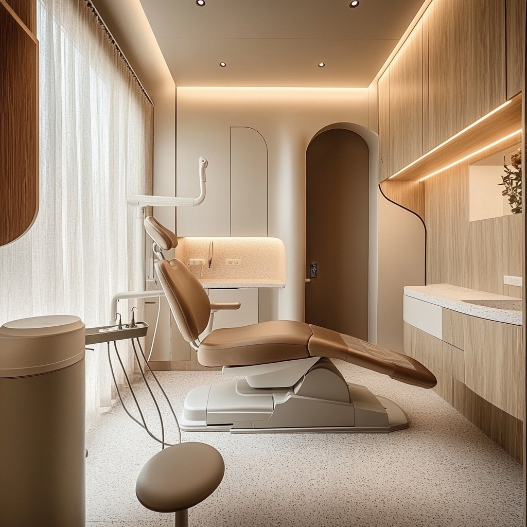 Nowoczesny gabinet stomatologiczny z beżowym fotelem dentystycznym, białymi zasłonami i drewnianymi szafkami z oświetleniem LED.