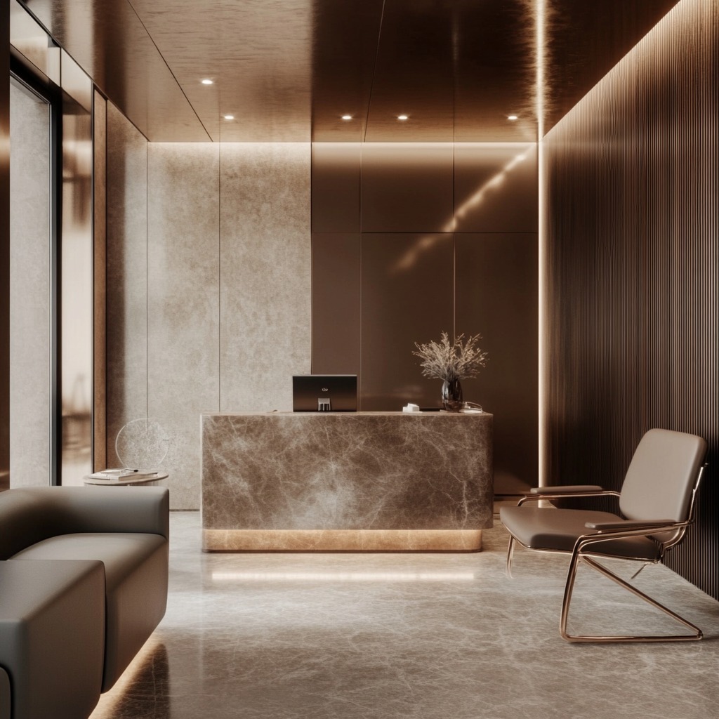 Eleganckie biuro z marmurową recepcją podświetloną od dołu, minimalistycznym krzesłem z metalową ramą i sofą w odcieniach szarości, całość utrzymana w ciepłej tonacji brązów i beżów.
