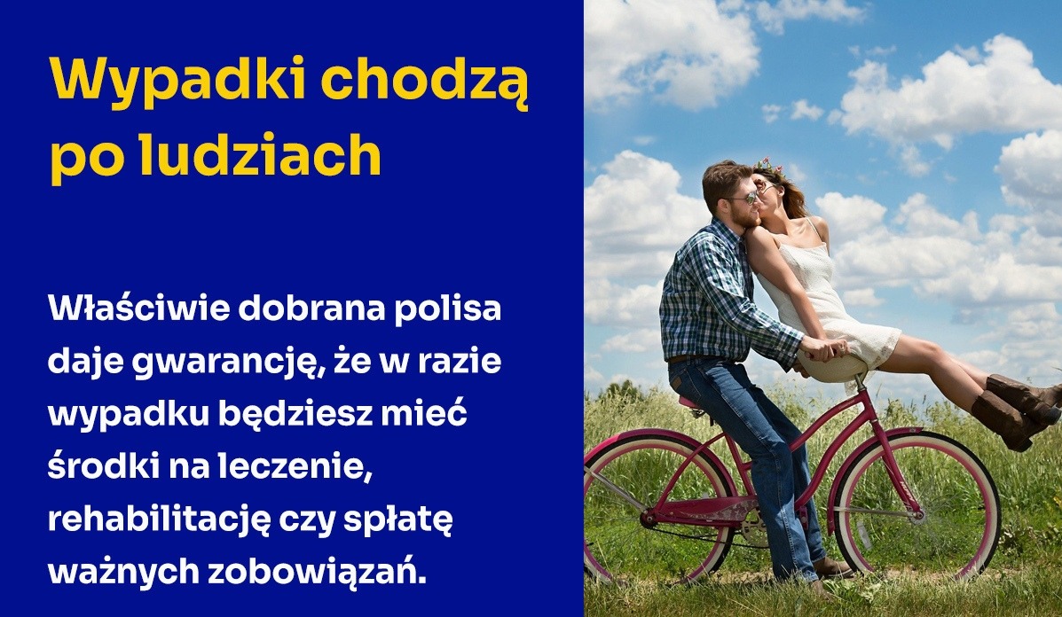 Para na różowym rowerze na tle błękitnego nieba z chmurami, kobieta siedzi na kierownicy, mężczyzna prowadzi rower, po lewej stronie niebieskie tło z tekstem o wypadkach i polisie.