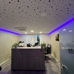 Staszel Bau - Mateusz Staszel - Biuro z podwieszanym sufitem akustycznym z okrągłymi otworami, oświetleniem LED wzdłuż ścian i recepcją w odcieniach szarości.