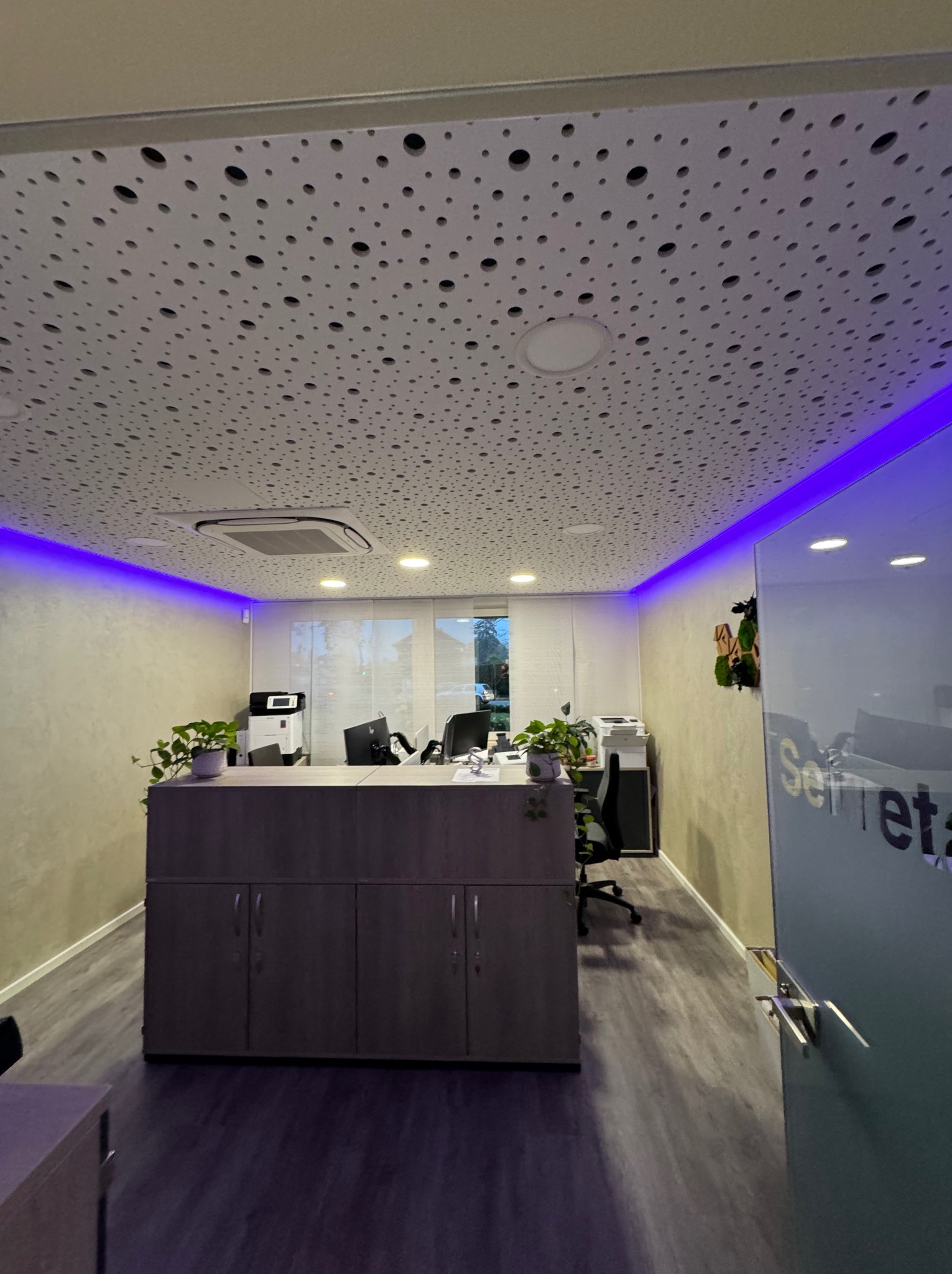 Biuro z podwieszanym sufitem akustycznym z okrągłymi otworami, oświetleniem LED wzdłuż ścian i recepcją w odcieniach szarości.