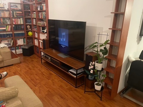 Salon z drewnianą podłogą i regałami. Na środku duży telewizor na szafce RTV. Obok wysoki regał z półkami. W tle widoczny bogaty księgozbiór.