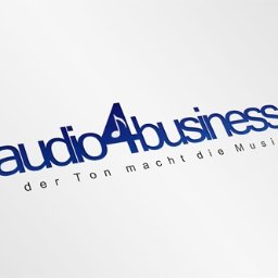 Agencja Reklamowa Szczecin Tombak Czy Złoto - Niebieskie logo 'audio4business' z motywem nuty wkomponowanym w literę A, hasło 'der Ton macht die Musik' poniżej, na białym tle.