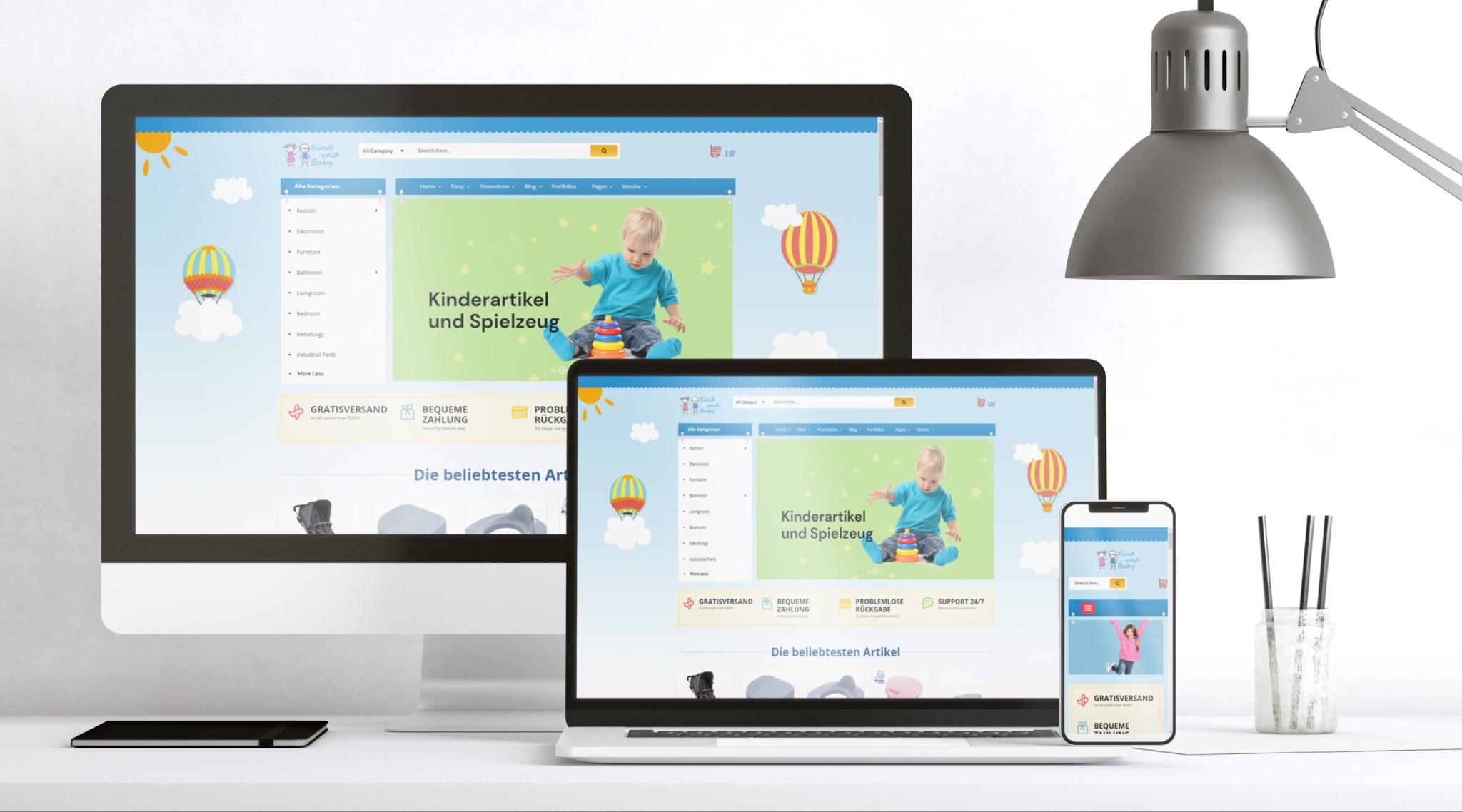 Responsywna strona internetowa sklepu z artykułami dla dzieci i zabawkami, wyświetlana na monitorze, laptopie i smartfonie, z widocznym interfejsem użytkownika i elementami graficznymi, takimi jak...