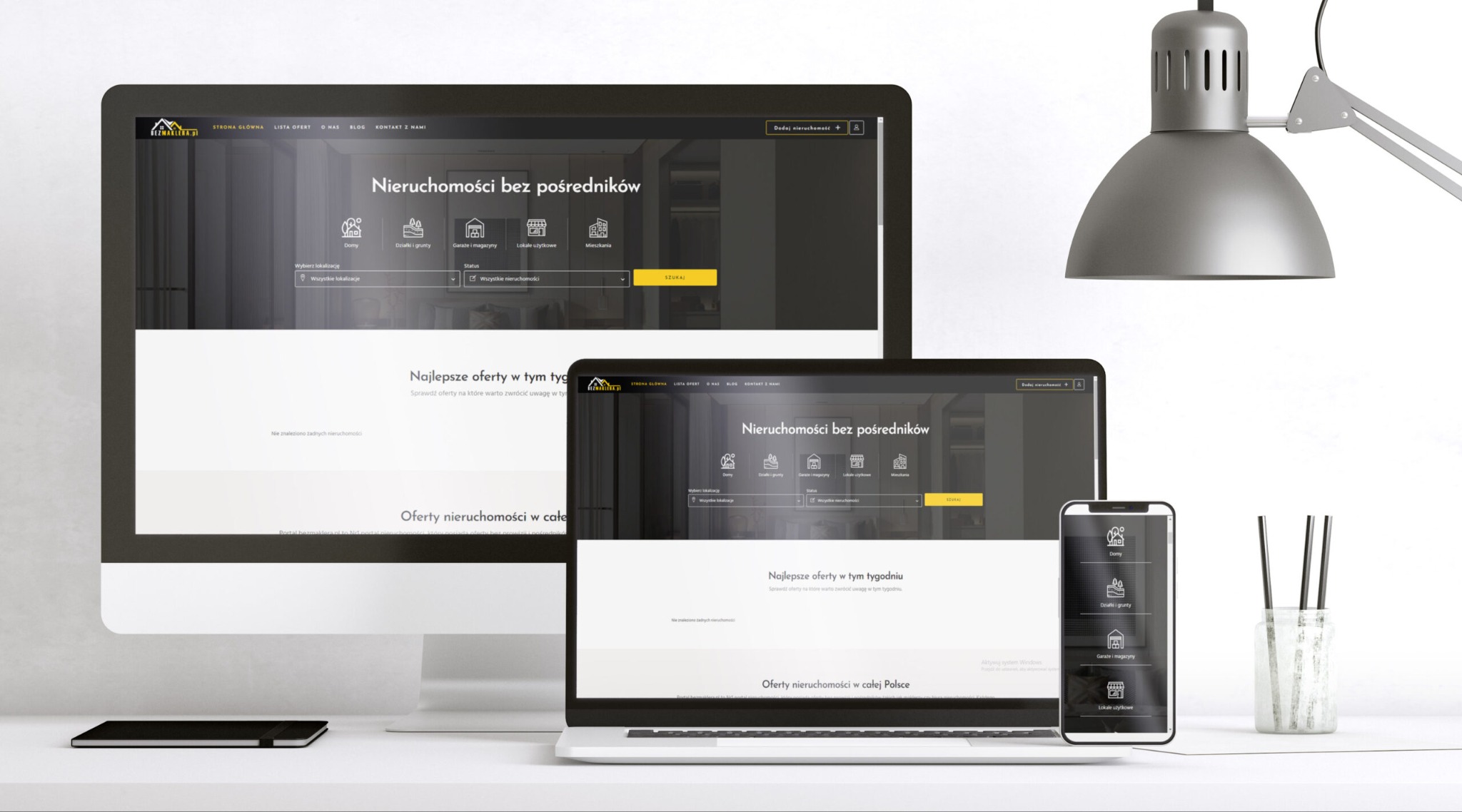 Monitory i smartfon prezentują responsywną stronę internetową z ofertami nieruchomości w Szczecinie, z widocznym logo firmy i filtrami wyszukiwania.