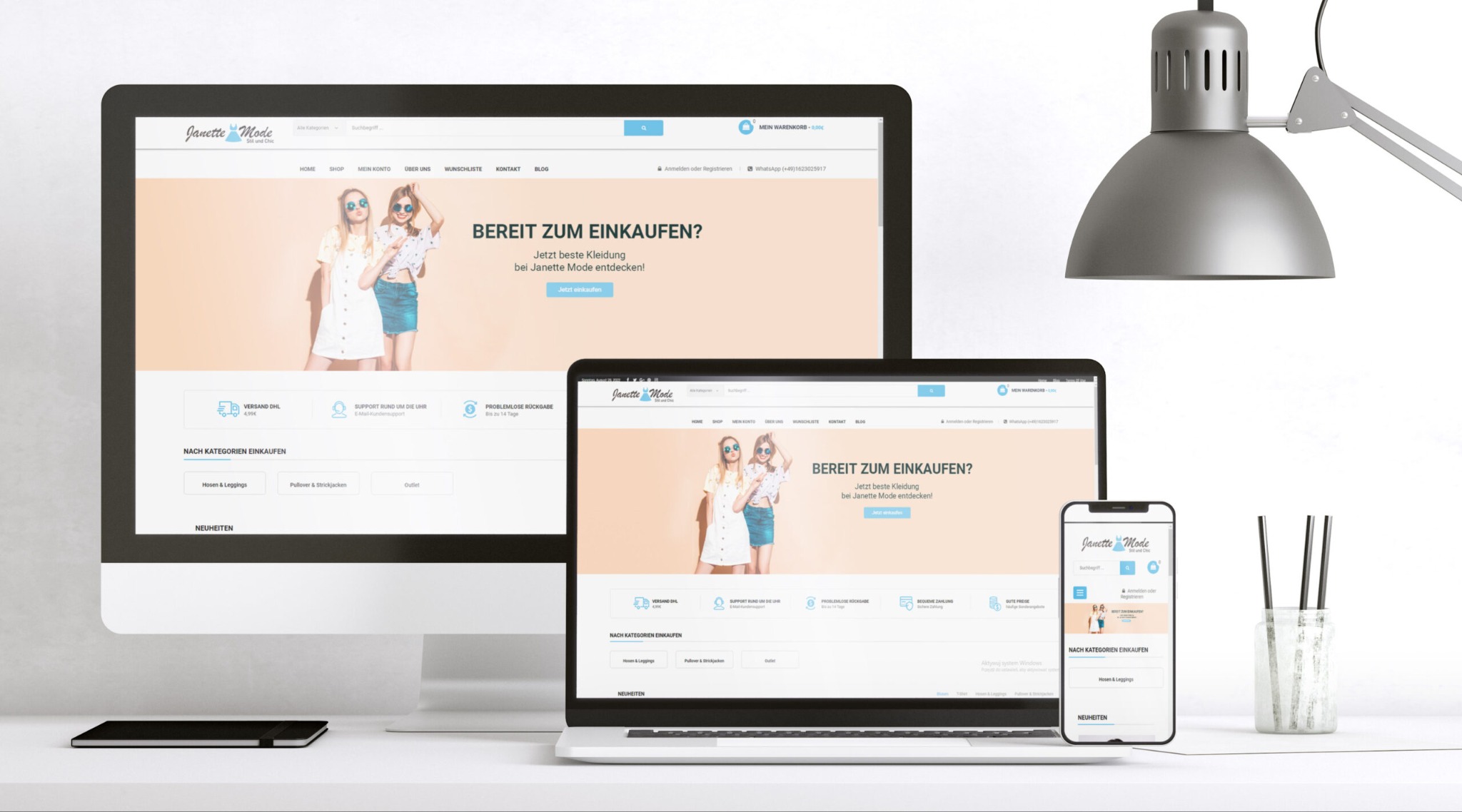 Prezentacja responsywnej strony internetowej sklepu odzieżowego na monitorze, laptopie i smartfonie, z widocznym logo i ofertą 'Bereit zum Einkaufen?' w języku niemieckim.