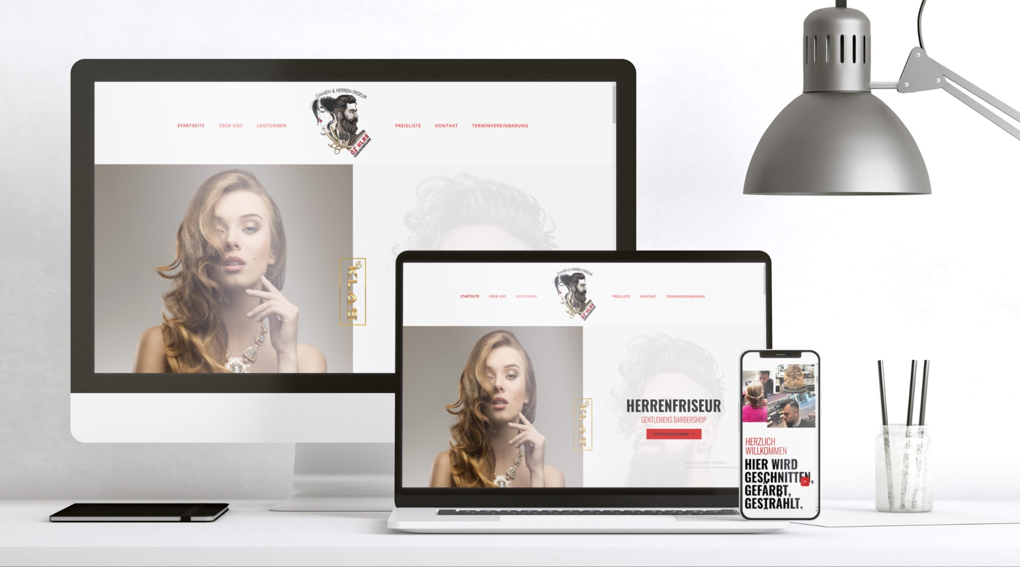 Prezentacja responsywnej strony internetowej salonu fryzjerskiego na monitorze, laptopie i smartfonie, z logo firmy widocznym na każdym urządzeniu.