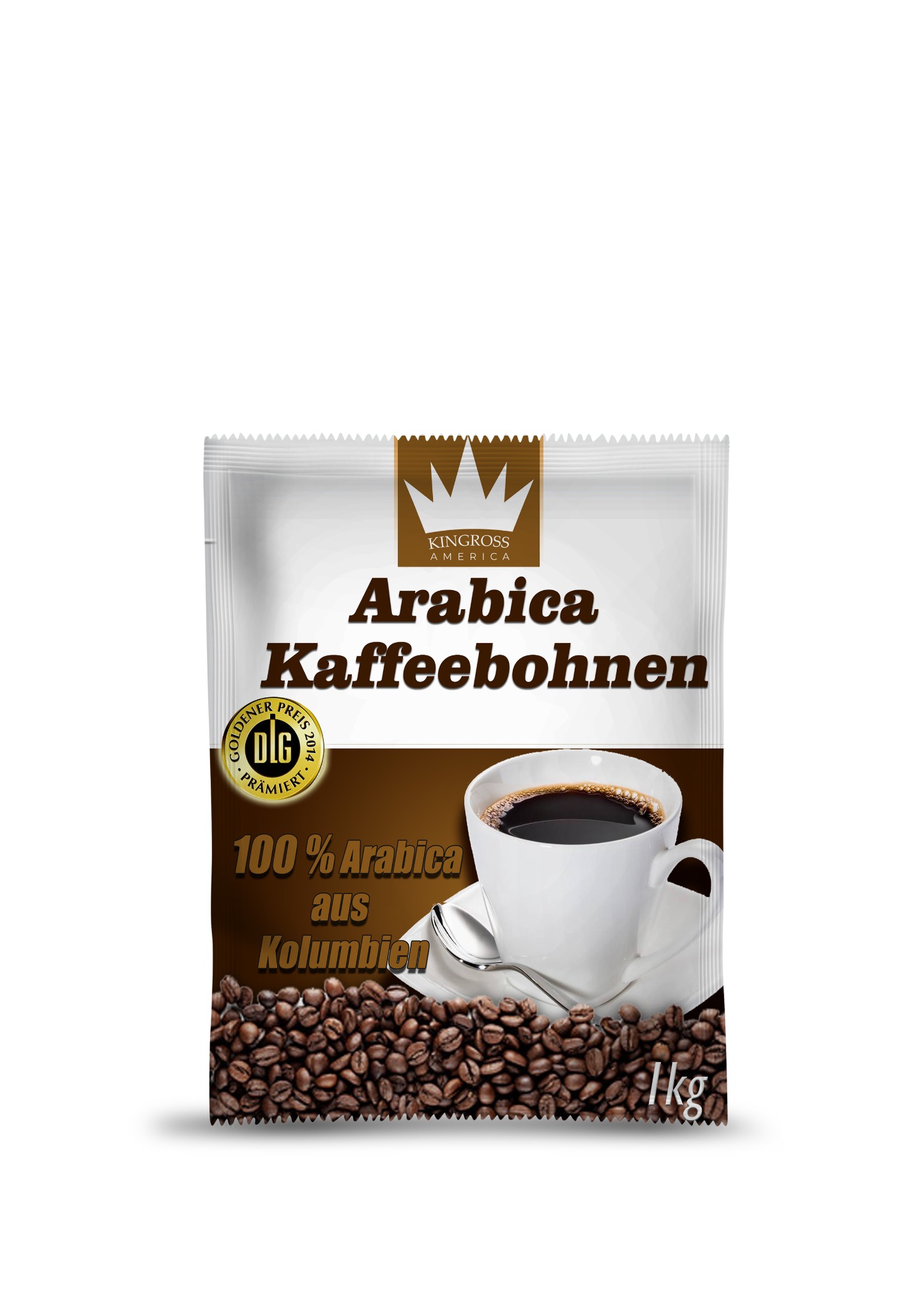 Opakowanie kawy Arabica z Kolumbii marki Kingross America, z widoczną filiżanką kawy i ziarnami kawy na białym tle.