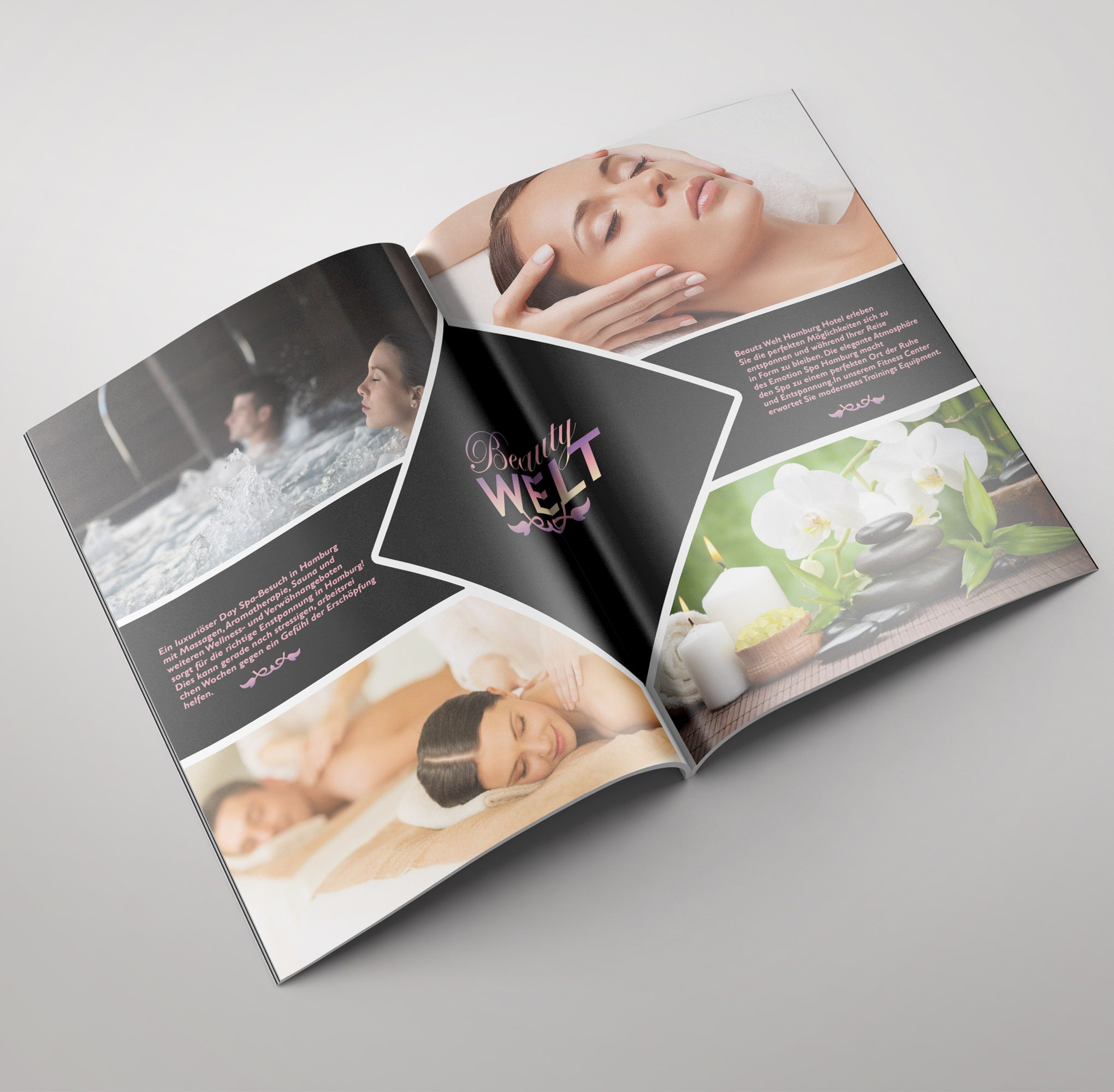 Rozkładówka magazynu z kolażem zdjęć: kobieta podczas masażu twarzy, para w jacuzzi, kobieta podczas masażu pleców, kamienie do masażu i świece.