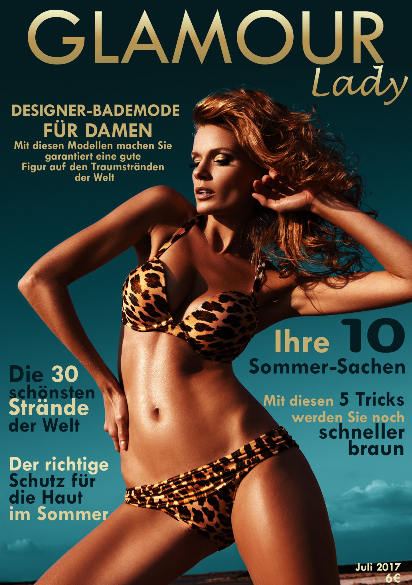 Okładka magazynu 'Glamour Lady' z modelką w bikini o zwierzęcym wzorze na tle turkusowego nieba, promująca designer-bademode für damen i artykuły o letnich trendach.