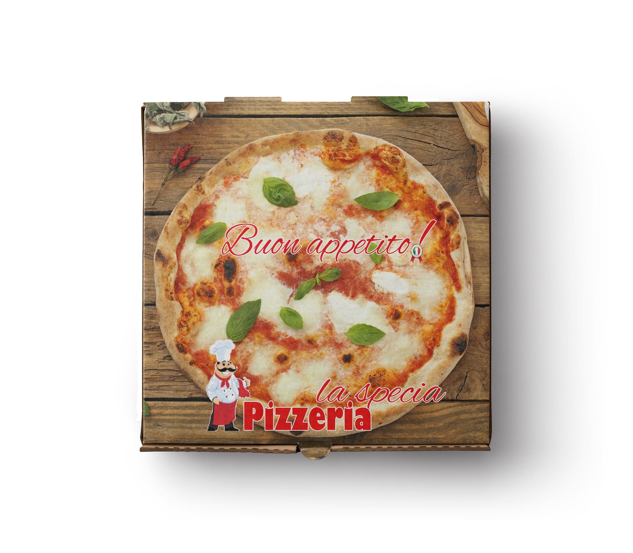 Pizza margherita w kartonie z napisem 'Buon appetito!' i logo pizzerii na drewnianym tle z przyprawami.