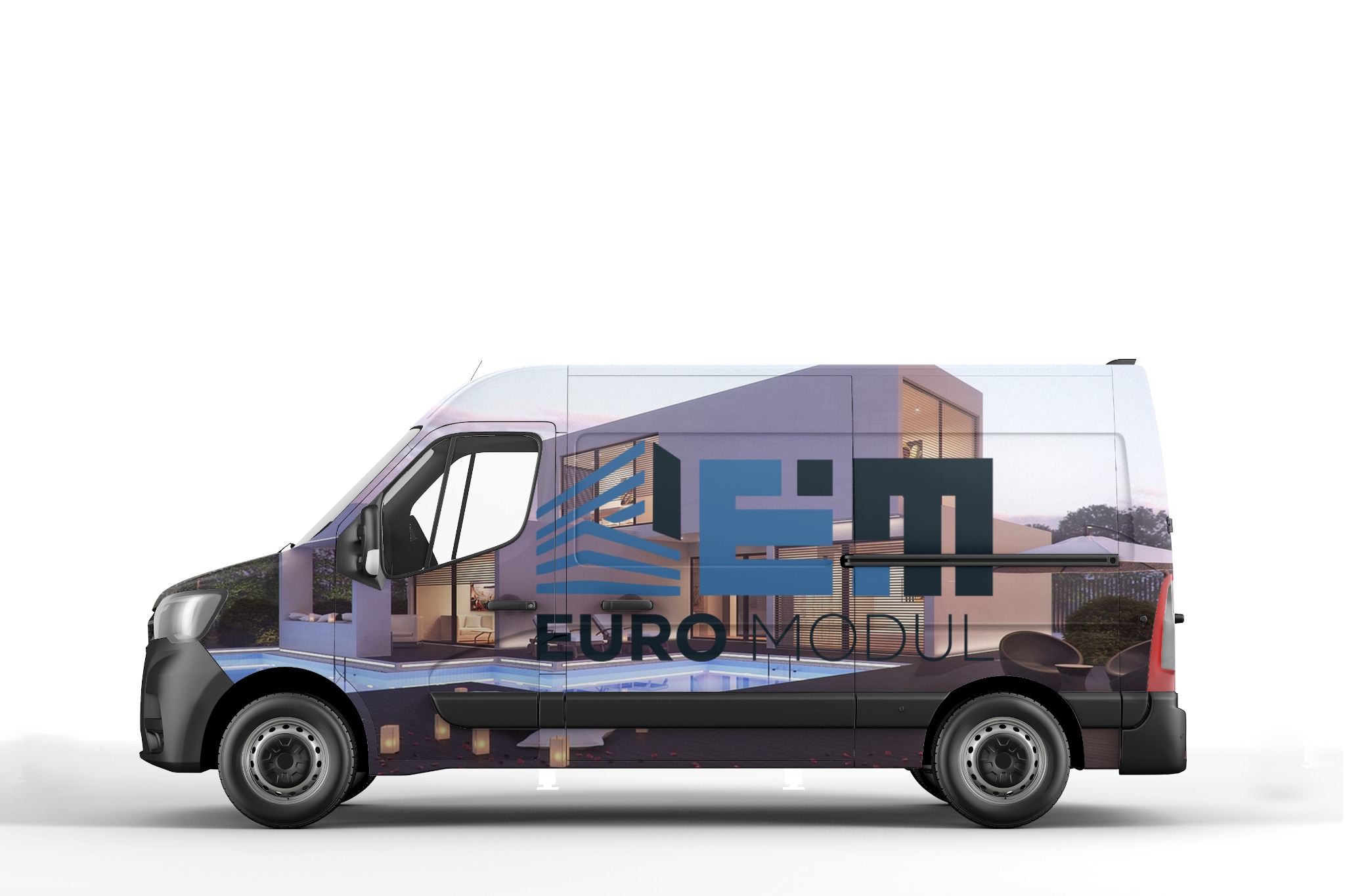 Szczecin: Wizualizacja oklejenia samochodu dostawczego grafiką przedstawiającą nowoczesny dom z basenem i logo firmy Euro Modul.