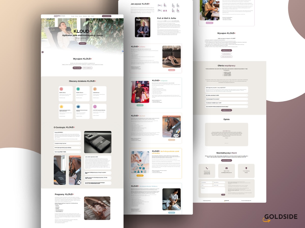 Prezentacja responsywnego projektu strony internetowej z beżowym tłem, przedstawiająca różne sekcje witryny, w tym nagłówek z logo, opis produktu, obszary działania, opinie i formularz kontaktowy.