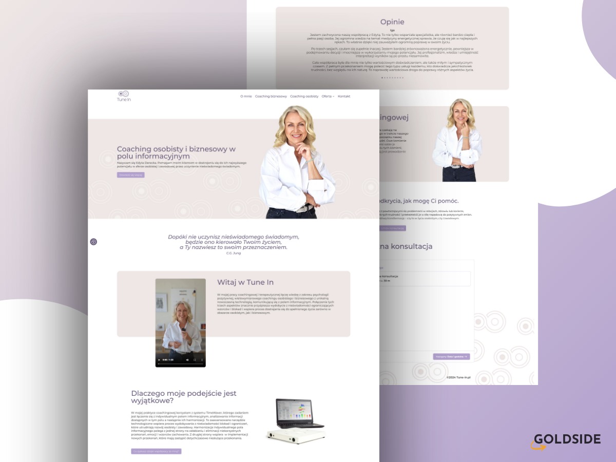 Strona internetowa z wizerunkiem uśmiechniętej kobiety, oferująca coaching osobisty i biznesowy, z widocznymi sekcjami o opiniach, podejściu i możliwości konsultacji.