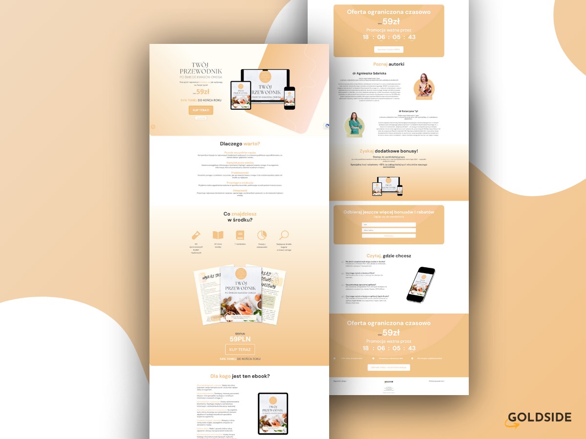 Projekt strony internetowej prezentujący ofertę e-booka o kwasach Omega, z widocznymi elementami graficznymi, informacjami o autorach i sekcjami zachęcającymi do zakupu.