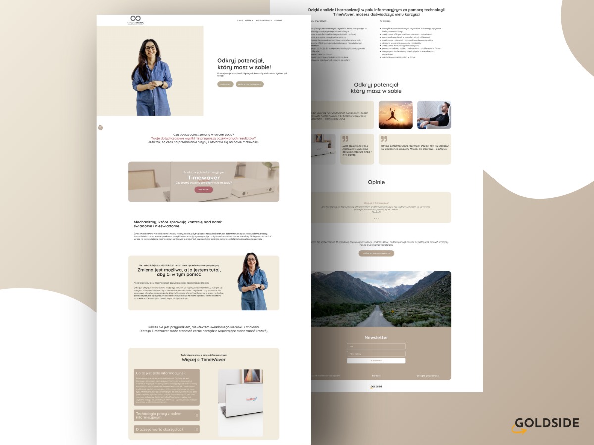 Zrzut ekranu strony internetowej o jasnej kolorystyce z wizerunkiem uśmiechniętej kobiety w dżinsowej koszuli oraz tekstem o odkrywaniu potencjału i analizie w polu informacyjnym z użyciem...