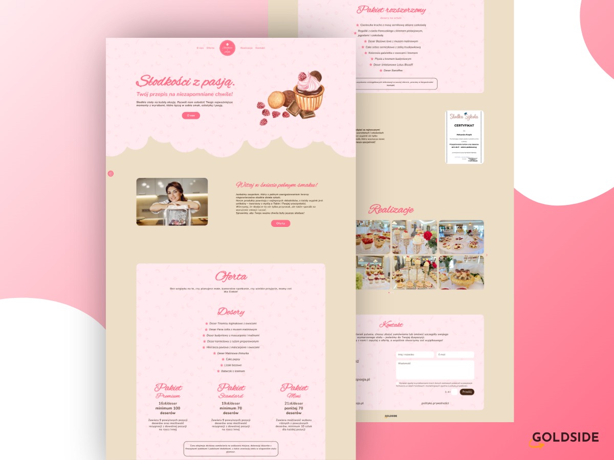 Strona internetowa cukierni z ofertą deserów, prezentująca pakietowe propozycje, realizacje i formularz kontaktowy, utrzymana w pastelowej kolorystyce.