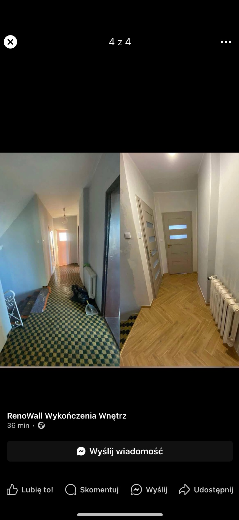 Korytarz przed i po remoncie: stara, wzorzysta podłoga kontra nowa, drewniana w jodełkę. Odświeżone ściany i drzwi. Grzejnik pozostał.