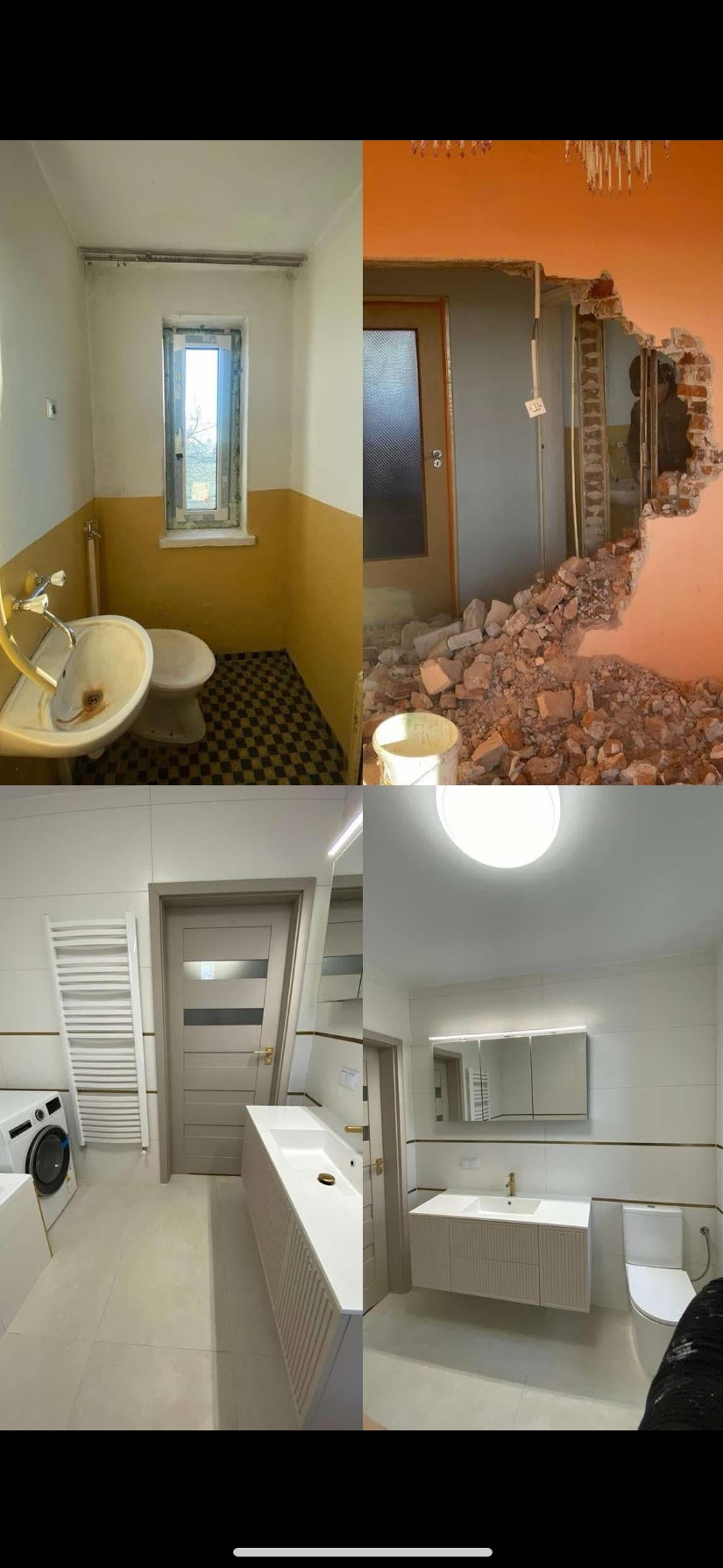 Kompilacja zdjęć łazienki przed i po remoncie. Widoczne zmiany w kolorystyce, armaturze i wykończeniu, prezentujące metamorfozę wnętrza. Nowoczesny design.