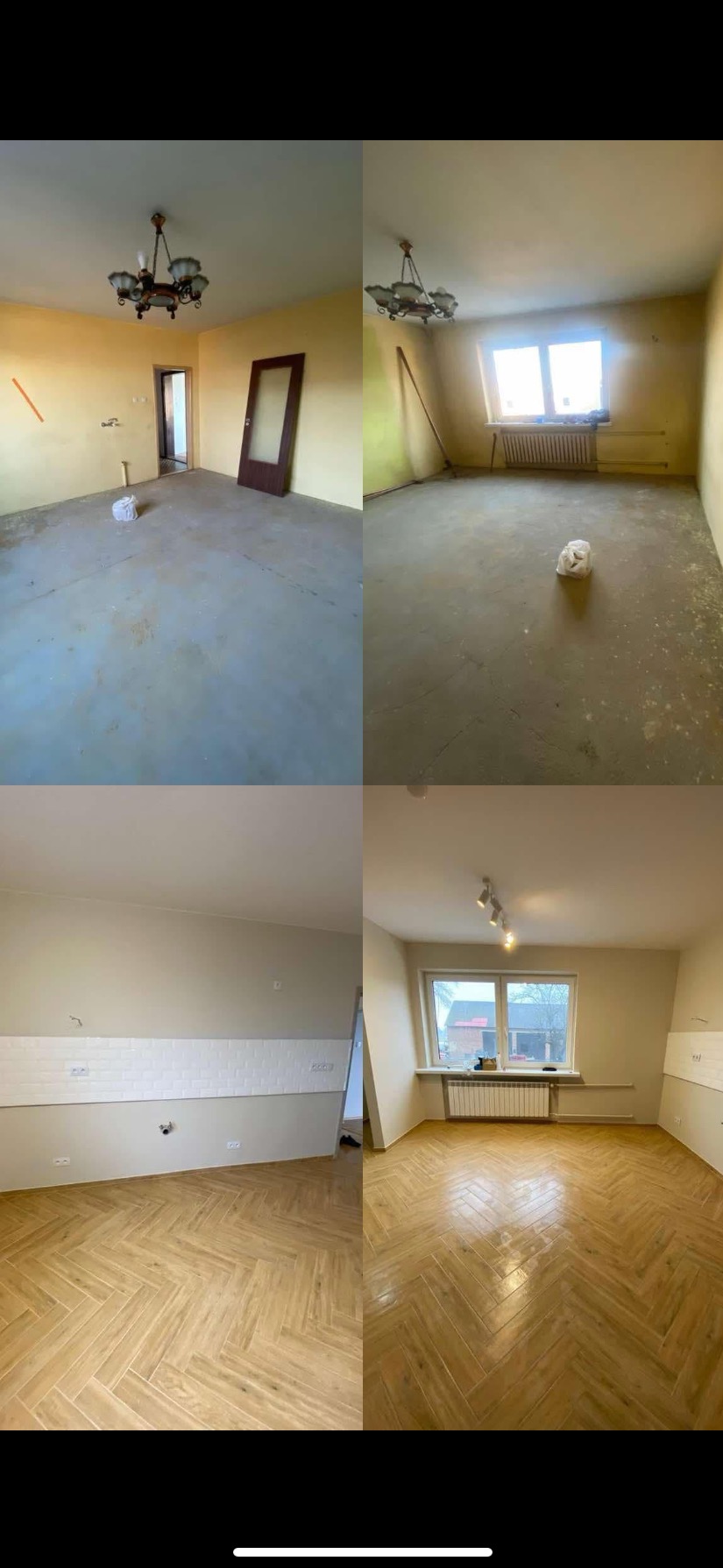 Układanka zdjęć 'przed i po' remontu pokoju: surowy beton kontra parkiet w jodełkę, żółte ściany kontra jasne, odnowione wnętrze z grzejnikiem i oknem.