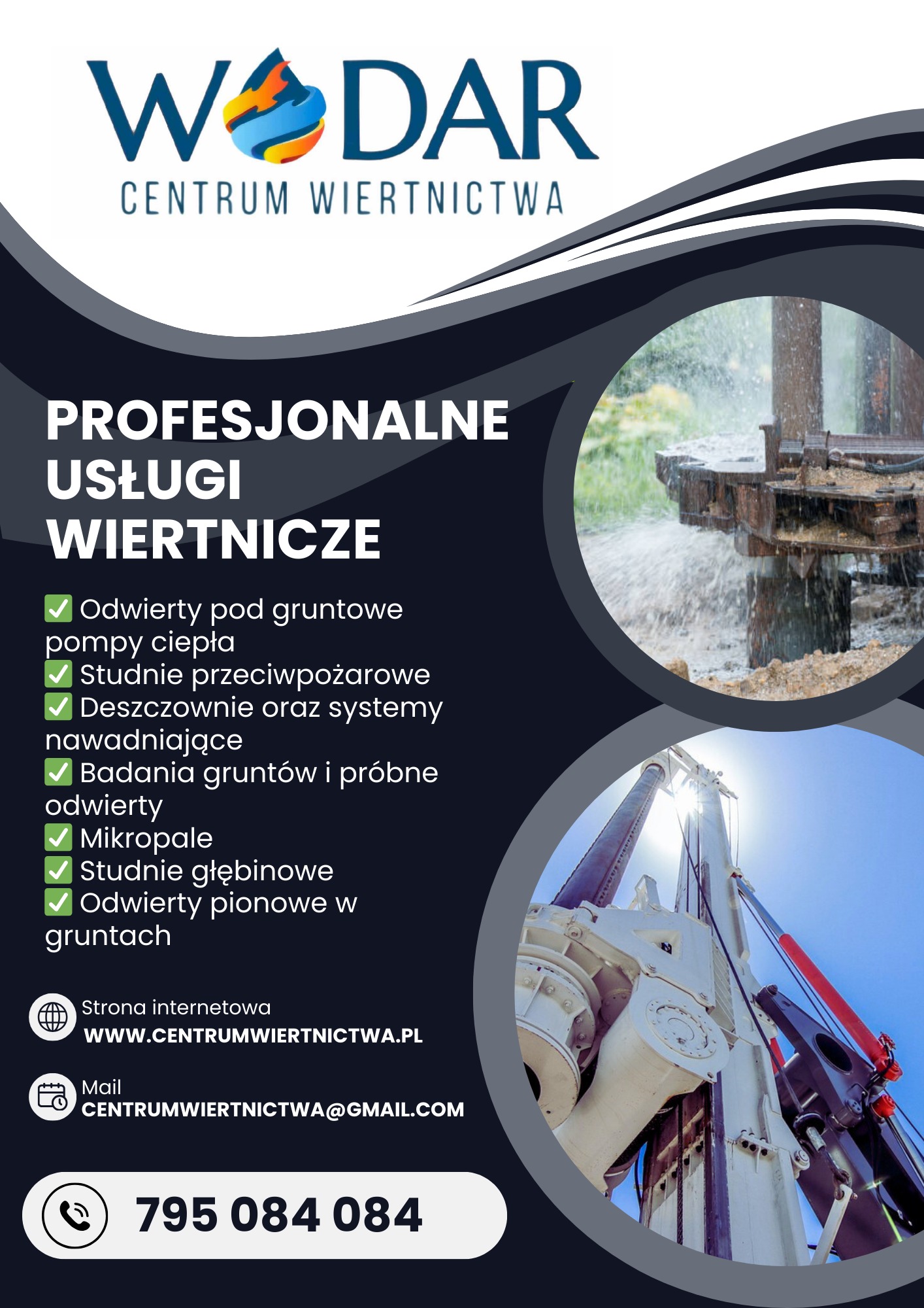 Grafika reklamowa firmy WODAR Centrum Wiertnictwa, prezentująca usługi wiertnicze, w tym studnie głębinowe, systemy nawadniające i odwierty pod pompy ciepła, z ilustracjami wiertnicy w akcji...