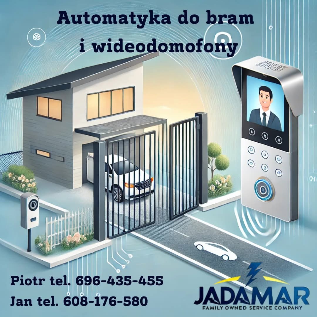 Grafika przedstawia nowoczesny dom z automatyczną bramą wjazdową, wideodomofonem i samochodem w garażu, z naniesionymi elementami graficznymi imitującymi schemat elektryczny, oraz logo firmy...