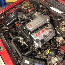 Tomasz Czernik - Otwarta maska czerwonego samochodu Alfa Romeo, ukazująca szczegółowy widok silnika 6C z elementami osprzętu.