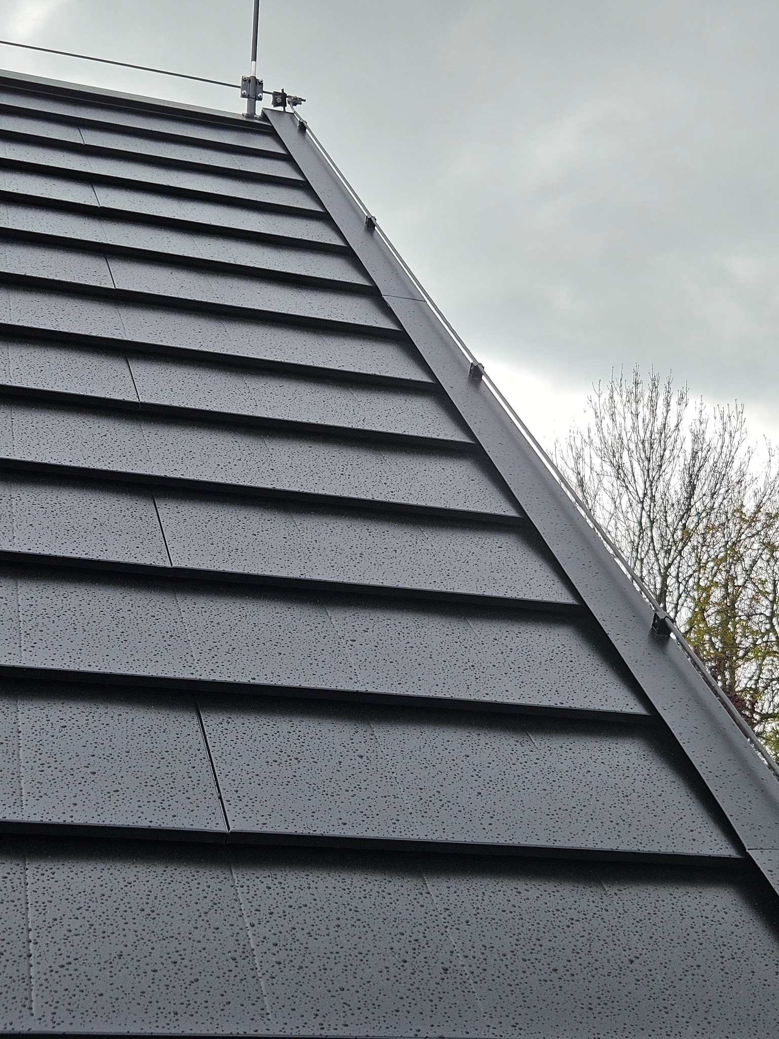 Ciemnoszara dachówka ceramiczna z metalową listwą okapową, pokryta kroplami deszczu, widoczny fragment piorunochronu i drzewo w tle.