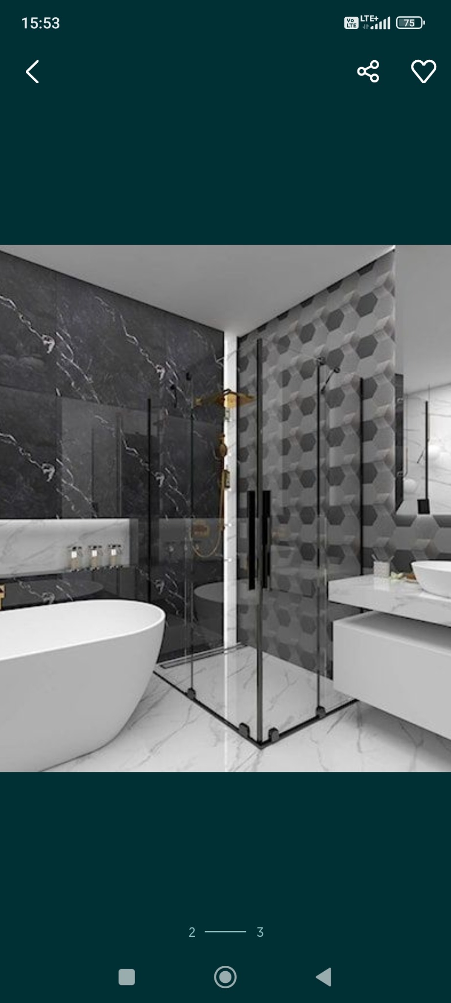 Nowoczesna łazienka z czarnymi marmurowymi płytkami, szklaną kabiną prysznicową z czarnymi ramami, wolnostojącą białą wanną i umywalką na blacie, oświetlenie punktowe, podłoga z białego marmuru.