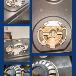 Kryształowa Strefa Klaudia Żmija - Szczegółowe ujęcia brudnej i czystej płyty gazowej, ukazujące różnicę po czyszczeniu, z elementami palników przed i po zabiegu, w tym ujęcie z widocznym logo firmy sprzątającej w rogu.