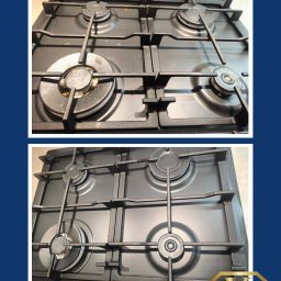 Kryształowa Strefa Klaudia Żmija - Porównanie stanu płyty gazowej przed i po czyszczeniu, widoczne różnice w połysku i usunięciu zabrudzeń na palnikach.