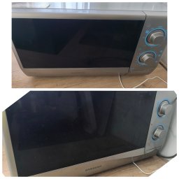 Kryształowa Strefa Klaudia Żmija - Dwie perspektywy na brudną, srebrną mikrofalówkę Samsung na drewnianym blacie z widocznymi pokrętłami i kablem zasilającym.