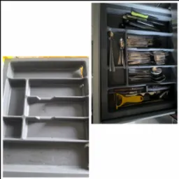 Porównanie: brudna, pusta szuflada na sztućce i czysta, uporządkowana szuflada z nożami, widelcami, łyżkami i obieraczką.