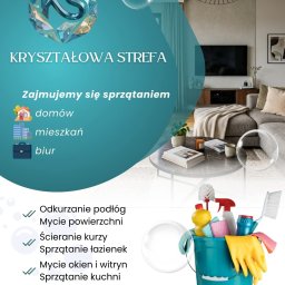 Kryształowa Strefa Klaudia Żmija - Grafika reklamowa firmy sprzątającej: logo w kształcie kryształu, oferta sprzątania domów, mieszkań, biur, wykaz usług (odkurzanie, mycie), dane kontaktowe.