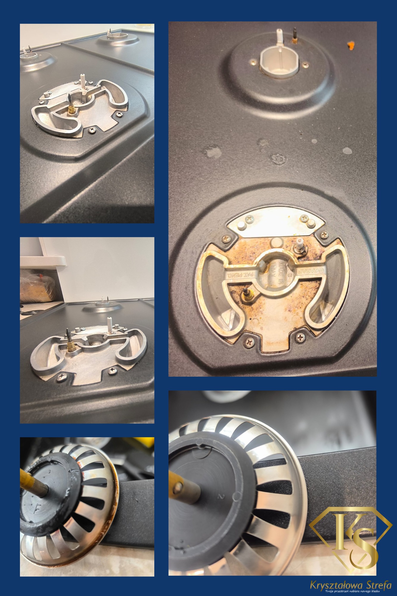 Szczegółowe ujęcia brudnej i czystej płyty gazowej, ukazujące różnicę po czyszczeniu, z elementami palników przed i po zabiegu, w tym ujęcie z widocznym logo firmy sprzątającej w rogu.