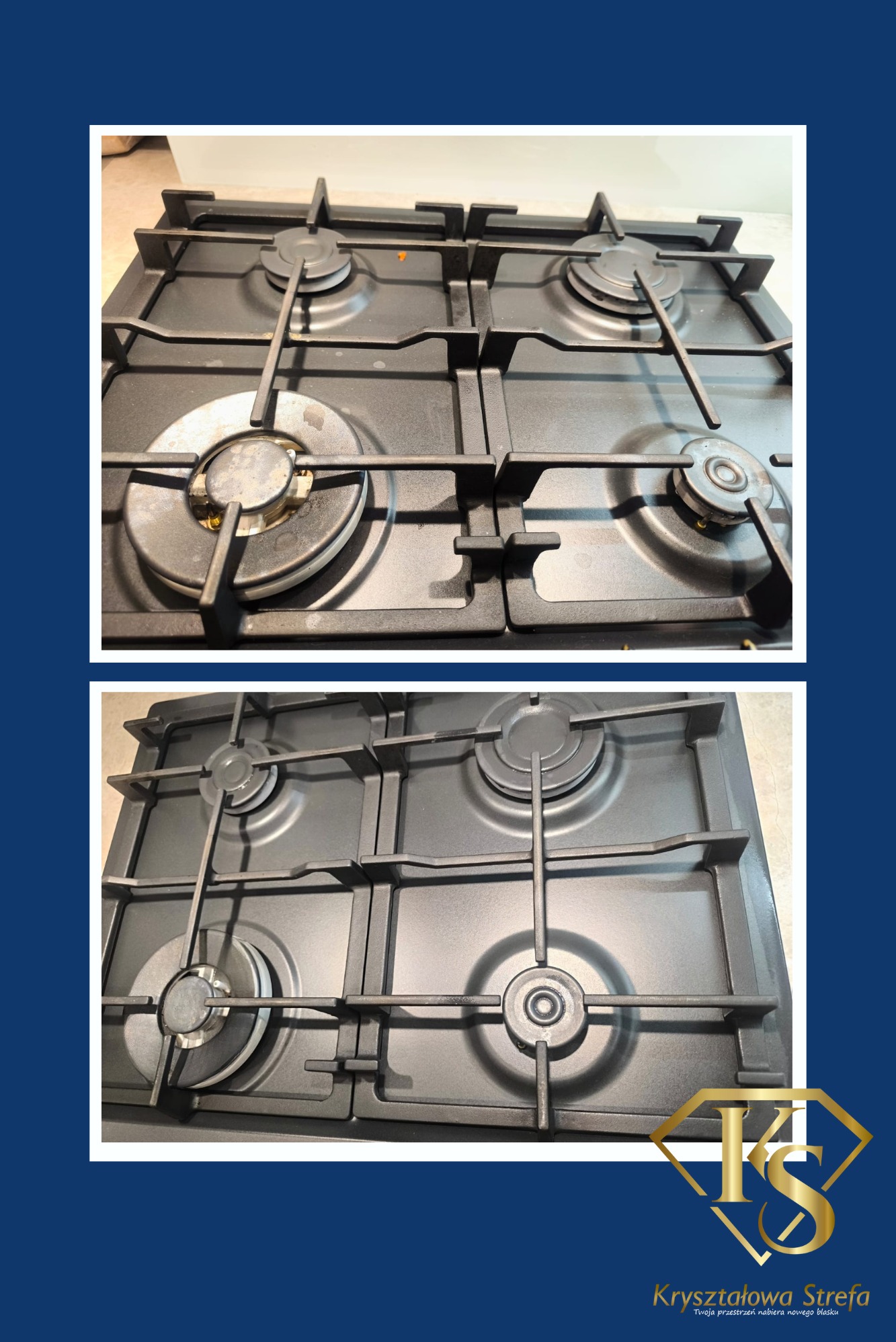 Porównanie stanu płyty gazowej przed i po czyszczeniu, widoczne różnice w połysku i usunięciu zabrudzeń na palnikach.
