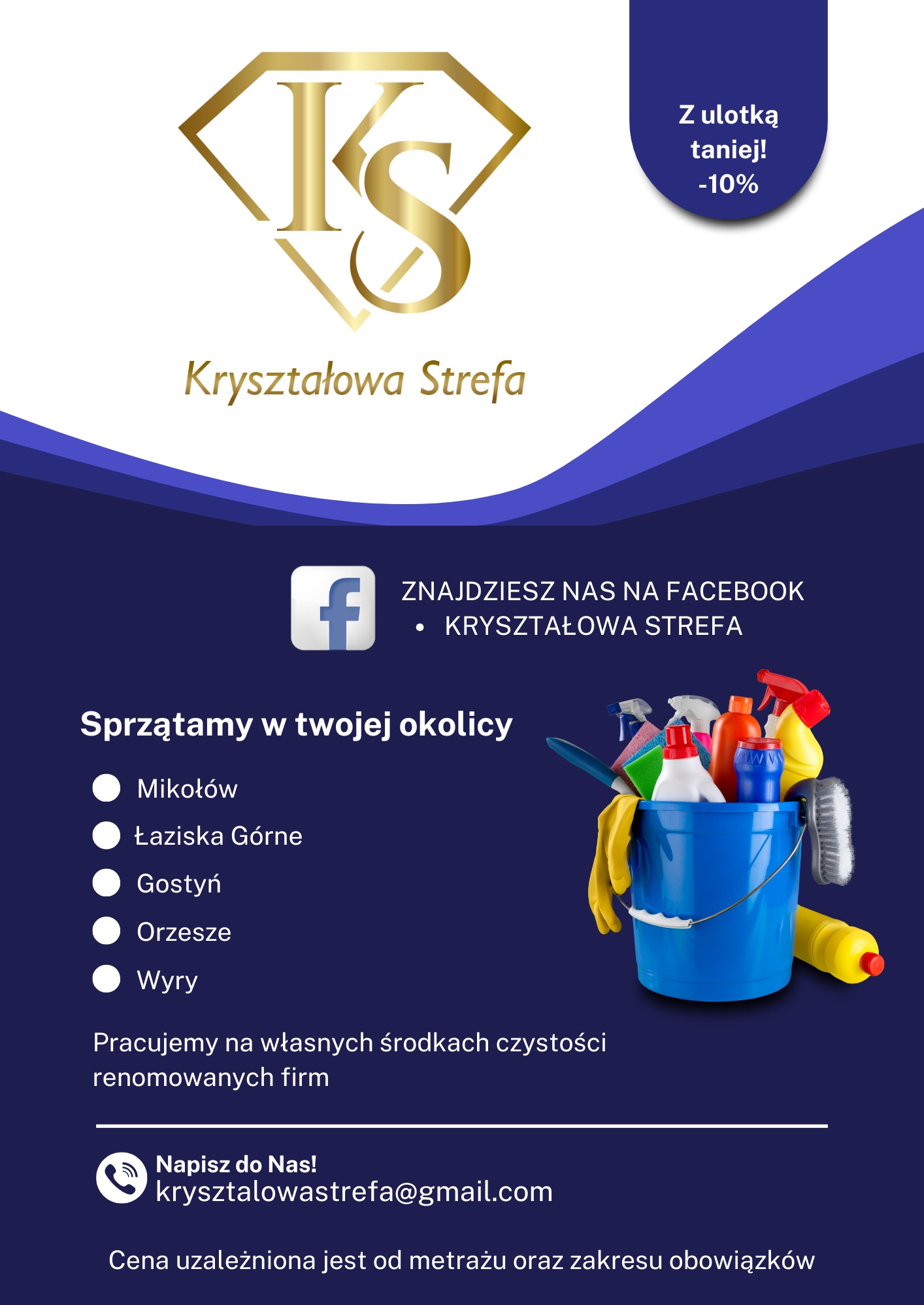 Reklama firmy sprzątającej Kryształowa Strefa z logo w kształcie diamentu, informacją o zniżce z ulotką, odnośnikiem do Facebooka, zakresem działania w kilku miastach i wiadrem ze środkami czystości.