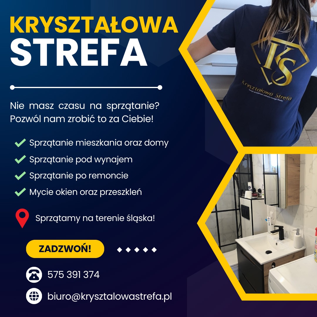 Grafika reklamowa firmy sprzątającej 'Kryształowa Strefa' z hasłem 'Nie masz czasu na sprzątanie? Pozwól nam zrobić to za Ciebie!', listą oferowanych usług i zdjęciem czystej łazienki z umywalką...